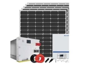 Blue Carbon 5kW All-in-One Solar Power System with panels, inverter, and lithium battery for home and business renewable energy.
