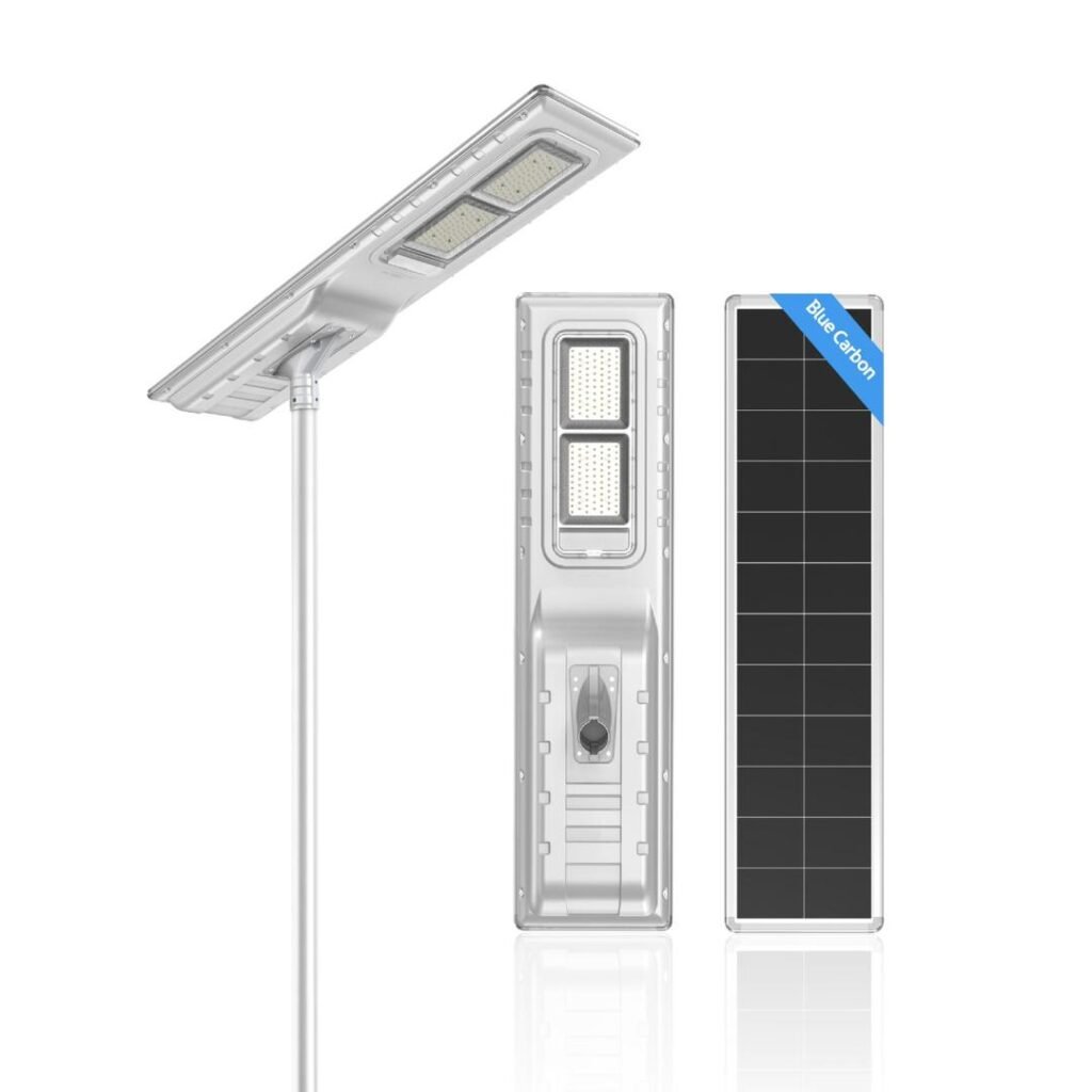 Blue Carbon 140W All-in-One Solar Street Light with integrated panel, lithium battery, and waterproof design for streets and estates